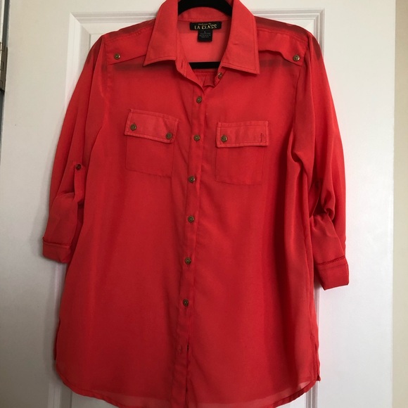 coral sheer button down top - Picture 1 of 3